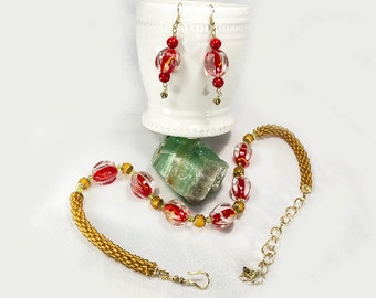 Beaded necklace. Matching earrings. Hand crafted beads. Red and yellow glass beads. Gold glass Czech beads. Bead crochet.