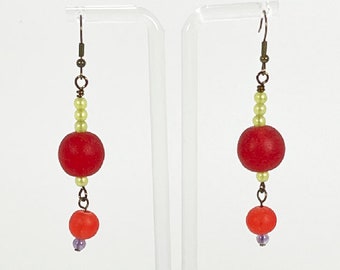 Earrings. Beautiful Frosted Red Glass Earrings with Tiny Green Accent beads. Dangle earrings. You will enjoy wearing these earrings.