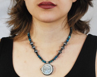 Beaded necklace. Charming Chartres Cathedral Labyrinth Necklace made of Apatite Beads, Czech Glass Beads, with a Poly and Silver Pendant.