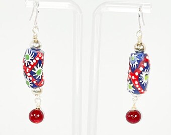 Earrings. Beautiful African Ceramic Bead Earrings. Red, Blue, and Green colorful earrings. Dangle earrings. Enjoy wearing these earrings.