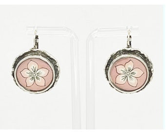 Earrings. Antique Silver Plated Brass. Beautiful flower earrings on a rose colored background. Original art on polymer clay.