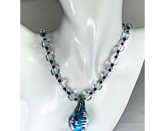 Pale blue glass beaded necklace, Handblown pendant, Silver beads, Czech glass