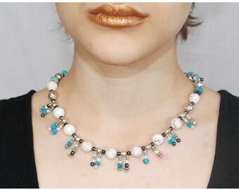 Beaded necklace. Charm necklace. Turquoise beads. Howlite beads. Pewter beads. Glass beads.
