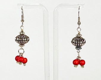 Earrings. Beautiful Textured Pewter Beads with Tiny Cherry Colored Glass Clusters.  Silver and Red Earrings. Dangle earrings. Enjoy!