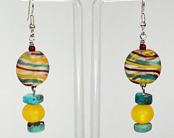 Earrings. Handblown Beautiful Czech Glass Earrings with Turquoise beads. Yellow, Turquoise, Red. Dangle earrings. Enjoy these earrings.