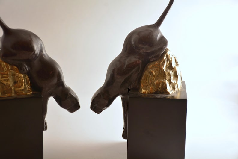 Vintage Art Deco Jaguar/Black Panther Metal Bookends on Wood Base bild 4
