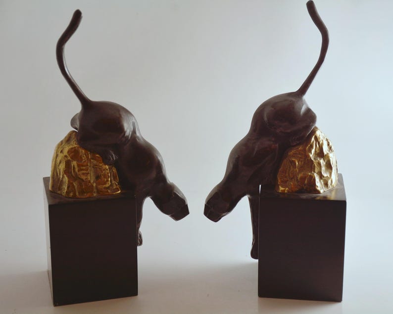 Vintage Art Deco Jaguar/Black Panther Metal Bookends on Wood Base bild 3