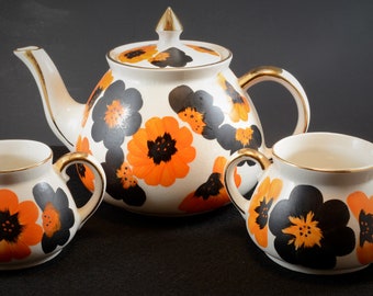 Gibsons Staffordshire Tea Set with Black and Orange Flowers