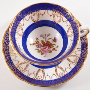 Denby Rockingham Cobalt and Gold Teacup with Floral Bouquet