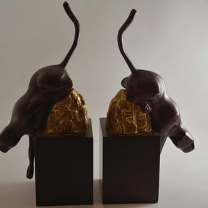 Vintage Art Deco Jaguar/Black Panther Metal Bookends on Wood Base bild 5