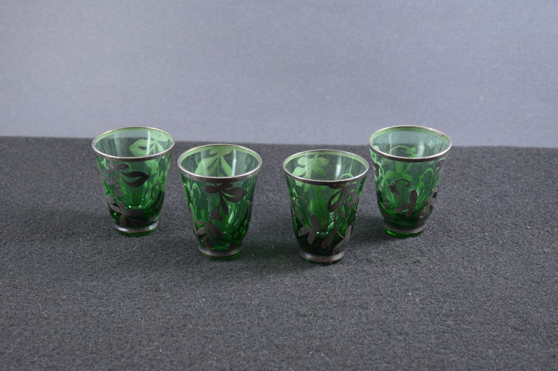 Set of 4 Silver Overlay Green Shot Glasses Etsy