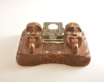 Maori Hand Carved Tribal Wood Inkwell/Desk Set with Abalone Shell Inlays