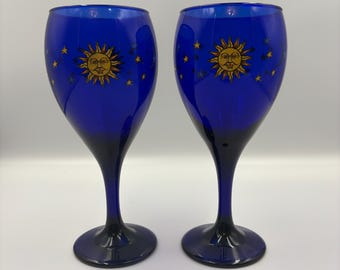 Libbey Cobalt Blue Celestial  Moon and Stars Wine Glasses - Pair