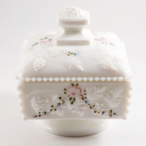 Westmorland Milk Glass Covered Pedestal Candy Dish with Painted Roses