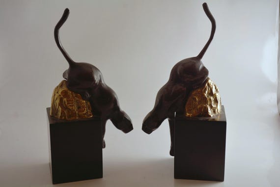 Vintage Art Deco Jaguar/Black Panther Metal Bookends on Wood Base