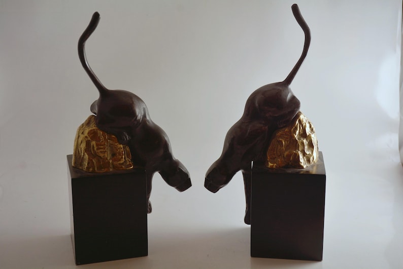 Vintage Art Deco Jaguar/Black Panther Metal Bookends on Wood Base bild 1