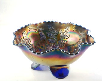 Fenton Stag & Holly Amethyst Carnival Glass Bowl