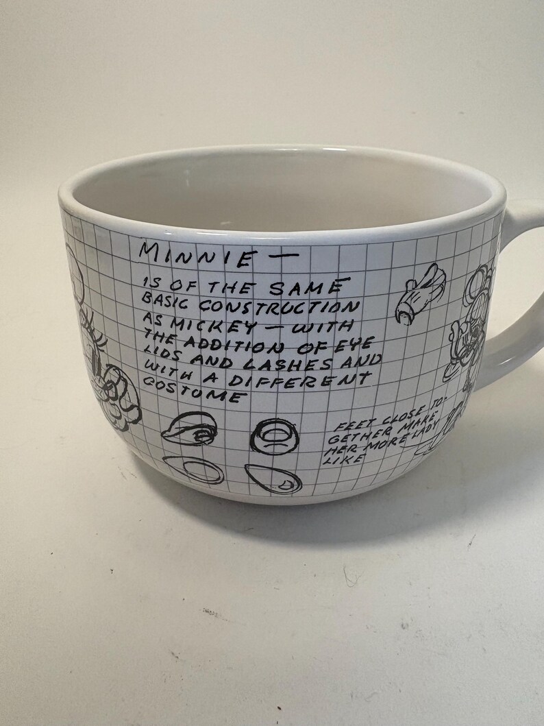 Puede incluir: Taza de cer&aacute;mica blanca con un patr&oacute;n de cuadr&iacute;cula y texto y bocetos escritos a mano en negro. El texto dice "MINNIE" y describe la construcci&oacute;n de Minnie Mouse. Tambi&eacute;n hay bocetos de las caracter&iacute;sticas de Minnie.