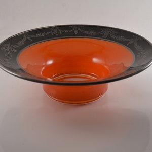 Orange Glass Compote with Black Rim and Swag Pattern