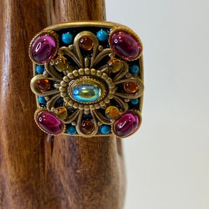 Signed Michal Golan Square Multicolor Cabochon Adjustable Ring - Size 7