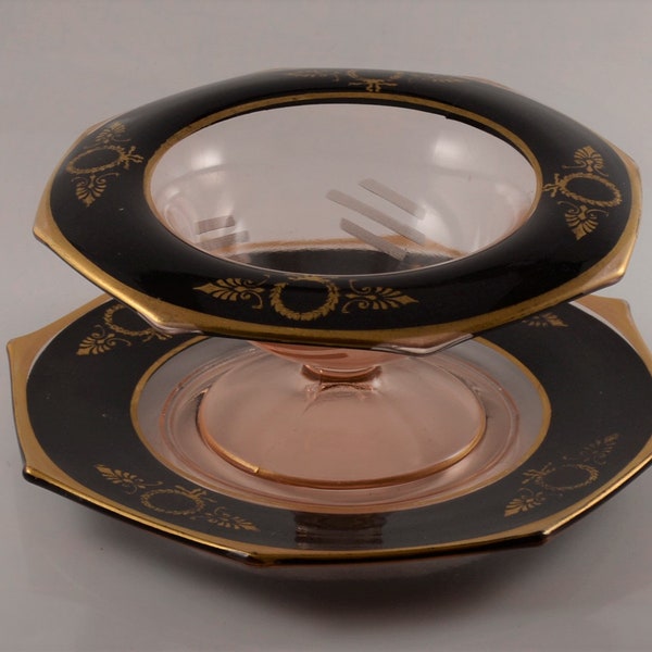 Pink Glass Mayonnaise Bowl with Underplate - Black and Gold Trim