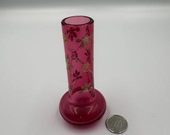 Antique Miniature Cranberry Glass Vase with Applied Gold and White Flowers