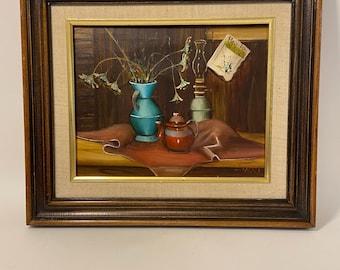 Kitchen Scene Still Life Framed Oil on Canvas Painting - Artist Signed