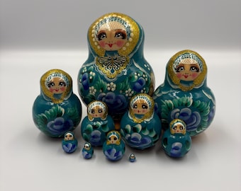 Hand Painted Nesting Dolls/Russian Matryoshka Dolls with Blue Roses- 10 Sizes
