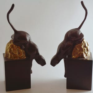 Vintage Art Deco Jaguar/Black Panther Metal Bookends on Wood Base bild 2