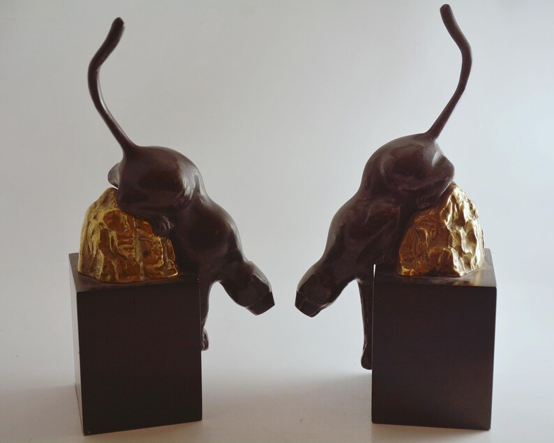 Vintage Art Deco Jaguar/Black Panther Metal Bookends on Wood Base bild 2