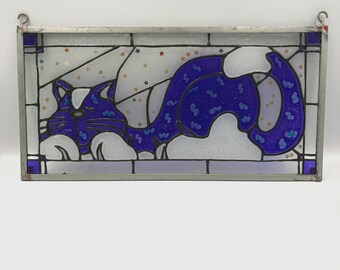 Stained Glass Panel with Elongated, Stylized Blue and White Cat