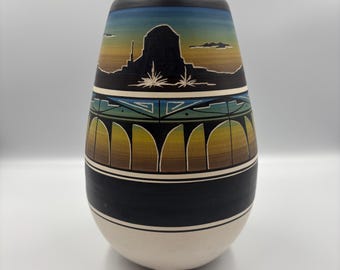 Native American Ute Pottery Vase Signed Marilynn Yazzie with Southwestern Landscape and Abstract Design