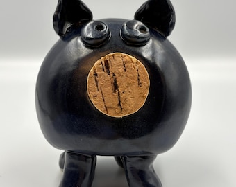 Studio Pottery Navy Blue Pig Bank with Cork Snout - Artist Signed