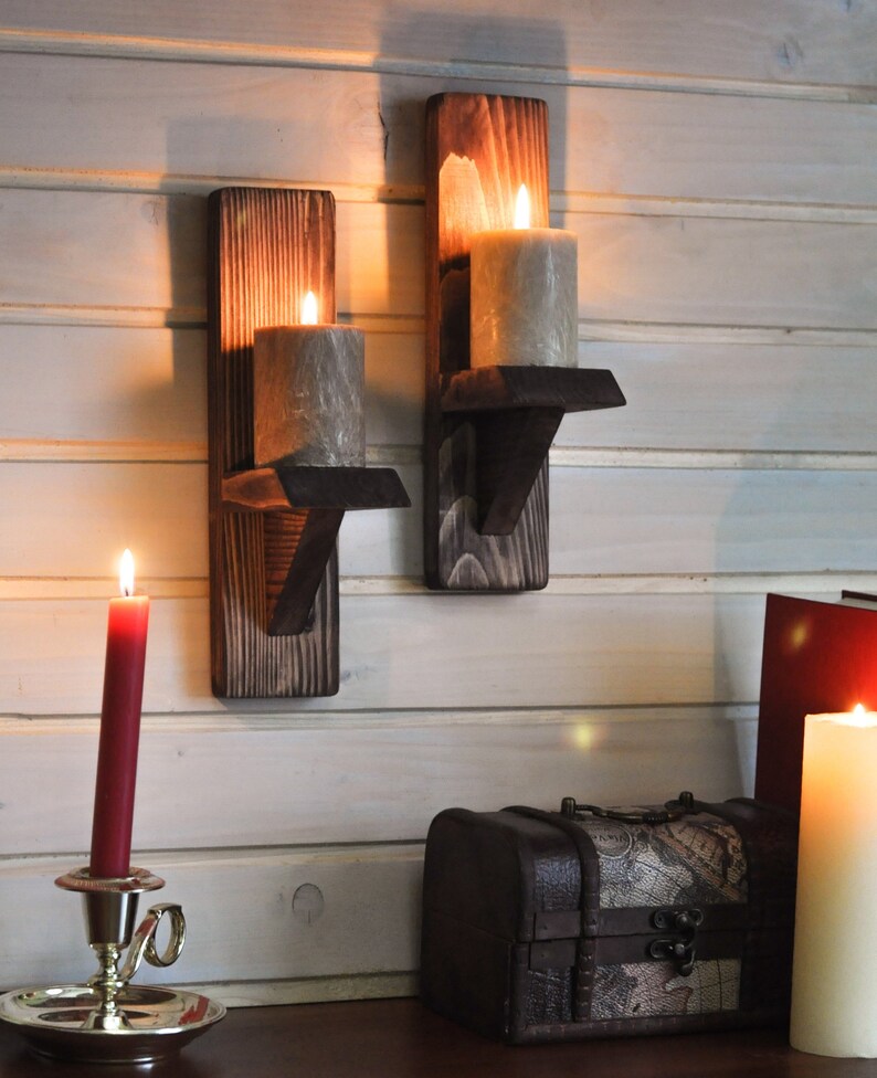 Candle Wall Sconce Set Of Two Rustic Oiled Wooden Finish Decor Gift Farmhouse Style Holder