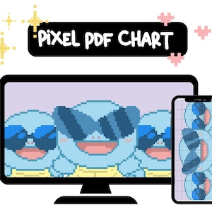 May include: A digital pixel PDF chart featuring a pixelated design of a cartoon character wearing sunglasses. The design is displayed on a computer monitor and a smartphone. The text "Pixel PDF Chart" is at the top.