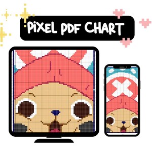 Könnte beinhalten: Ein digitales Pixel-PDF-Diagramm, das auf einem Computermonitor und einem Smartphone angezeigt wird. Das Diagramm zeigt eine Zeichentrickfigur mit rosa Hut und einem Rastermuster. Der Text "PIXEL PDF CHART" ist weiß auf schwarzem Hintergrund.