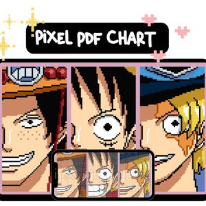 Könnte beinhalten: Ein digitales Pixel-Art-Diagramm mit drei Anime-Charakteren. Das Diagramm wird auf einem Smartphone und einem größeren Bildschirm angezeigt, mit dem Text "PIXEL PDF CHART" oben. Die Charaktere haben markante Gesichtszüge und farbenfrohe Outfits.