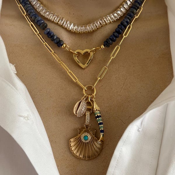 Mix Seashell charms/Lapis heart carabiner/Baguette tennis necklace