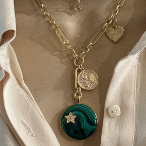Malachite statement necklace/ Clover necklace/Green cabochon charm necklace