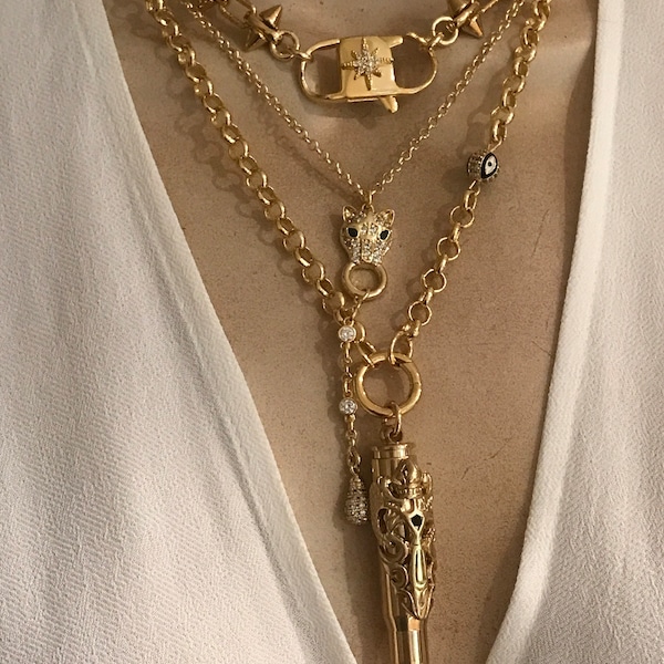 Collier tendance/Collier mousqueton à pointes/Lariat à breloques panthère