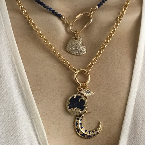 Lapis Talisman mix charm necklace/ Lapis carabiner heart necklace