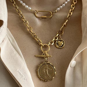 Medallion toggle multi charm necklace/Pearl carabiner necklace