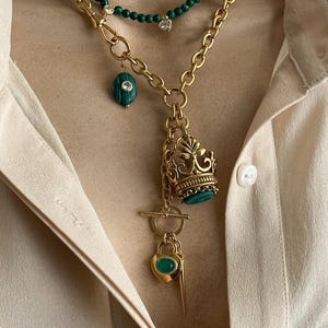 Malachite Fob multi charm necklace /Malachite heart beaded necklace
