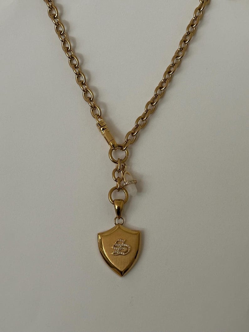 Puede incluir: Collar dorado con un colgante en forma de escudo. El colgante presenta un emblema detallado. La cadena es de estilo eslab&oacute;n cl&aacute;sico. Una peque&ntilde;a piedra transparente est&aacute; unida a la cadena cerca del cierre. El collar se muestra sobre un fondo blanco.