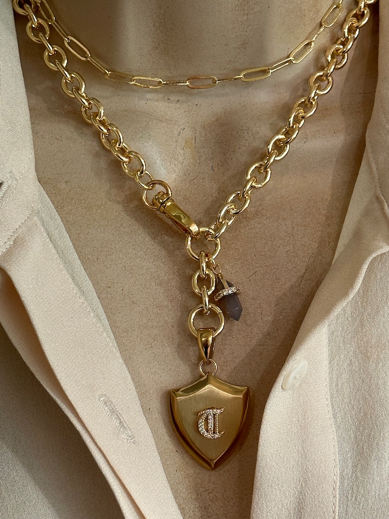 Puede incluir: Collar dorado con un colgante en forma de escudo con una letra "D" con diamantes. El collar tiene una cadena gruesa y una cadena m&aacute;s peque&ntilde;a encima. Un peque&ntilde;o dije con una piedra gris y un anillo con diamantes cuelga de la cadena.