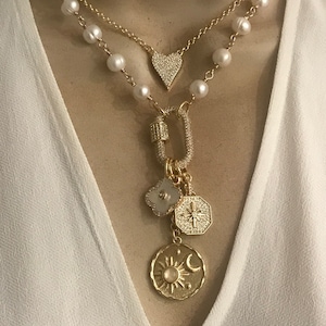 Layered charms pearl necklace/ Pave heart necklace