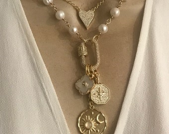 Layered charms pearl necklace/ Pave heart necklace