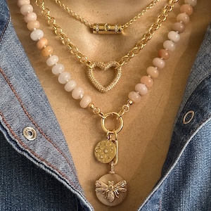 Beaded Mother of pearl necklace/ Open heart necklace/Evil eye