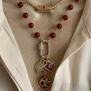 Carnelian mixed charm necklace/Red enamel heart necklace