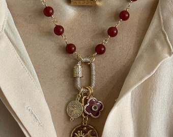 Carnelian mixed charm necklace/Red enamel heart necklace